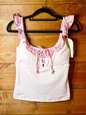 Blogilates Pink Gingham Ruffle Tank Top Size XS 🌸💕